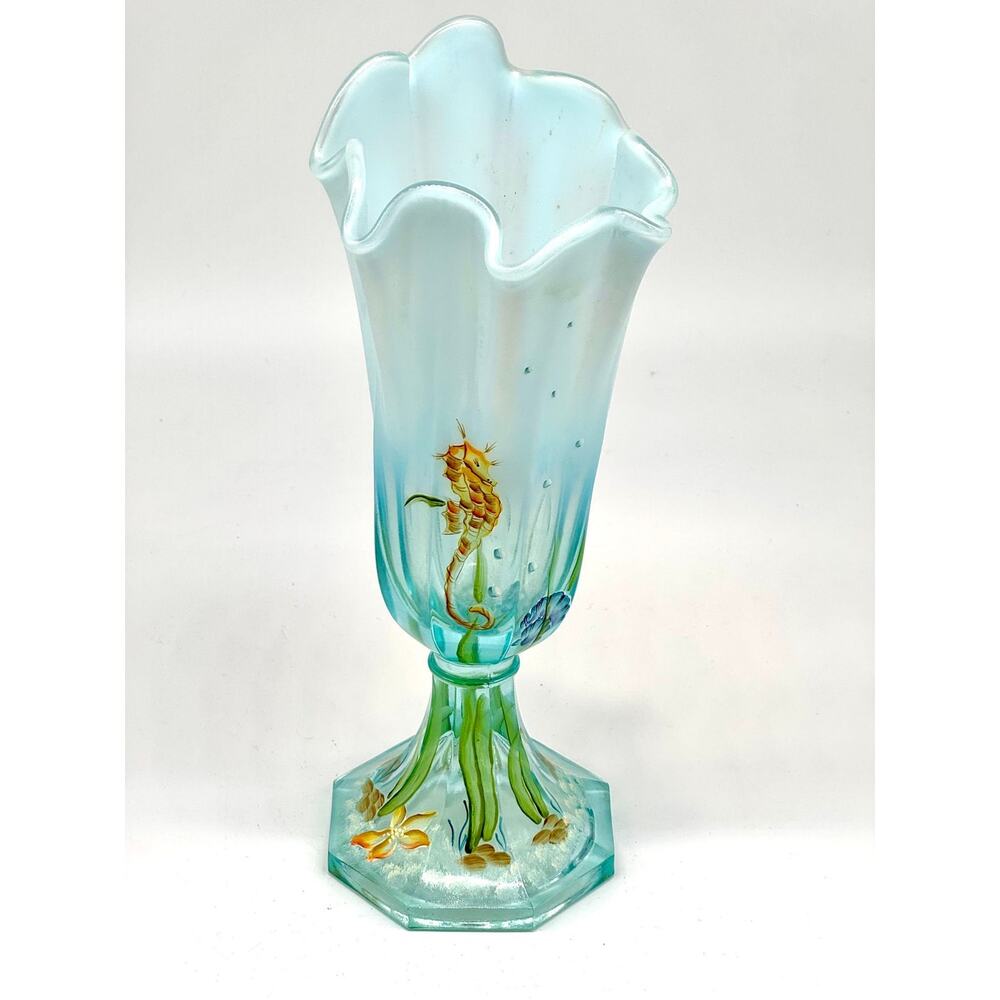 Fenton Vase Stretch "Underwater Dream" Aquamarine Seahorse Hankerchief - 12"H